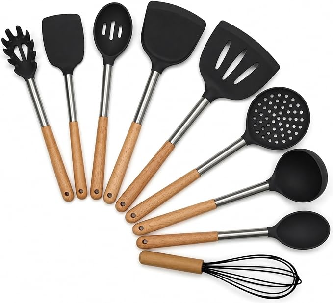 Silicone Kitchen Utensils Set, 9 Pcs Full-Size Non-Toxic Cooking Utensils with Wooden Handles & Stainless Steel Core, Heat Resistant Food Grade Kitchen Gadgets for Nonstick Cookware