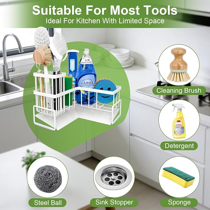 Fikoksol Large Sponge Holder for Kitchen Sink, 90-Degree Sink Caddy Storage | Self Draining Sponge Rack for Countertop, Metal L-Shaped Dish Soap Organizer with Brush Holder, Corner Sink Storage Ideas