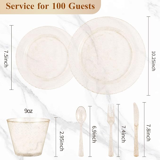 BESTVIP 600PCS Gold Glitter Dinnerware Set for 100 Guests, Plastic Plates | for Party, 100 Gold Glitter Disposable Plates, 100 Dessert Plates, 100 Cups, 100 Spoons, 100 Forks and 100 Knives