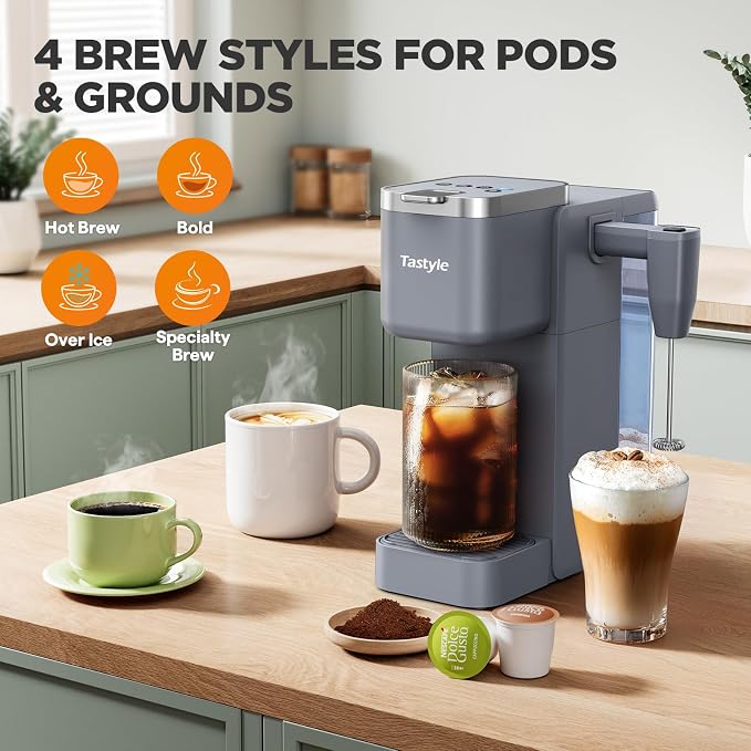 Tastyle Single Serve Coffee Maker with Built-in Detachable Milk Frother | For K Cups & Grounds, 40oz Removable Water Tank, 6 Brew Sizes, 2 Drip Trays, BPA Free, Fits 7.3" Travel Mug, K330MF, Gray