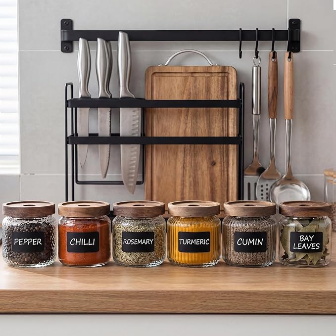 6 Pcs Small Glass Food Storage Jars with Wood Lids 12 oz Coffee Container with Airtight Lid for Kitchen Organization Glass Pantry Canister with Jar Labels for Beans Spice Tea Sugar