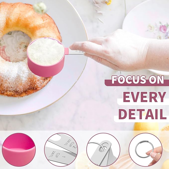 Measuring Cups Set Measuring Spoons Set, Nesting Measure Cups with Stainless Steel Handle, For Measuring Dry and Liquid Ingredients Small Teaspoon with Plastic Head (Pink)