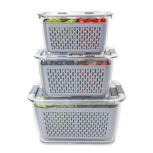 Kitchen Spaces Stackable Fridge Storage Colander Containers, Variety Pack | 3 Sizes to Store Fresh Produce, Organize Washed Fruits and Veggies, Snap and Seal Lids with Adjustable Vents, Hand Wash Only