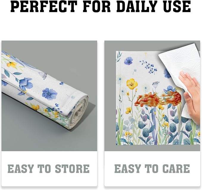 Watercolor Floral Placemats Set of 4 Blue Yellow Poppy Flowers Washable Non-Slip Heat Resistant 12×18 Inch Spring Summer Seasonal Linen Fabric Table Mats for Kitchen Dining Table