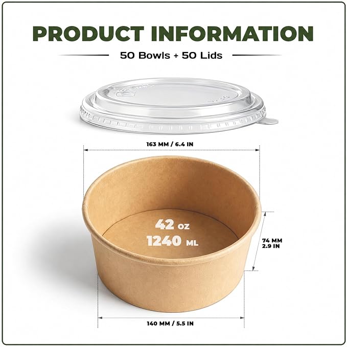 TOPtoper 42Oz 50Pcs Large Paper Bowls with Lids, Disposable Soup Serving Bowls Bulk Party Supplies for Hot/Cold Food, Soup (42 OZ)