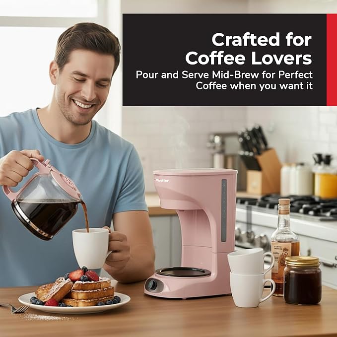 MUELLER HOME 12-Cup Pink Coffee Maker | Borosilicate Carafe, Auto-Off, Reusable Filter, Anti-Drip, Keep-Warm Function