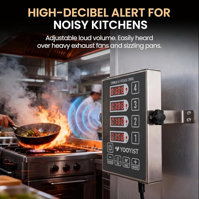 Precision Kitchen Timers for Cooking – 4 Channel Commercial Kitchen Timer Restaurant Kitchen Supplies – Stainless Steel Digital LED Chef Cooking Timer – Reminder Function, Loud Alarm, Grey