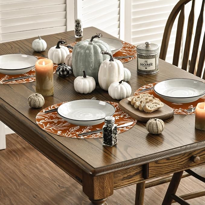 Artoid Mode Rust Eucalyptus Leaves Round Fall Placemats Set of 4-14 Inch | Heat-Resistant, Washable Table Mats, Seasonal Autumn Kitchen Dining Decor