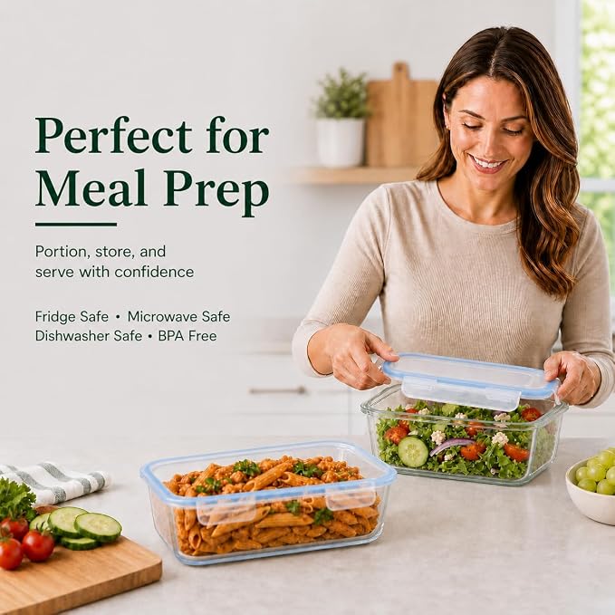 2 Pack 63oz Large Glass Storage Containers with Lids Big Meal Prep Food Container Set for Storing food, vegetables or fruits, BPA Free, Freezer Dishwasher Oven Safe