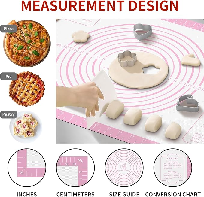 Non-stick Silicone Pastry Mat, Extra Large Baking Mat for Cookie Bread Pizza Pie Crust, Silicone Dough Mat for Rolling, Non-slip& Heat Resistant