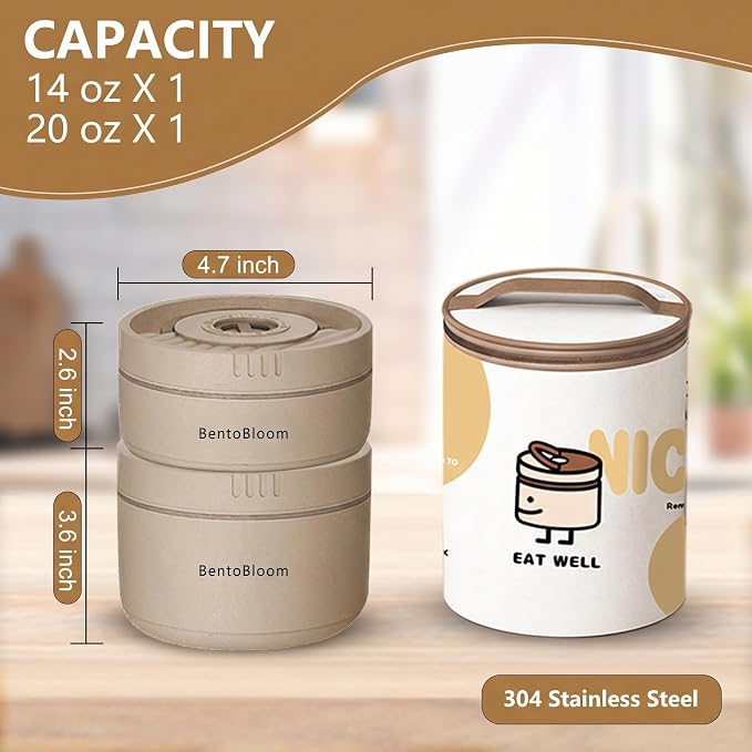 Bento Box Adult — Round Stackable Lunch Box for Women (450ml & 600ml) with Insulated Carry Bag | 304 Stainless Steel Removable Inserts | Microwave & Dishwasher Safe, Brown