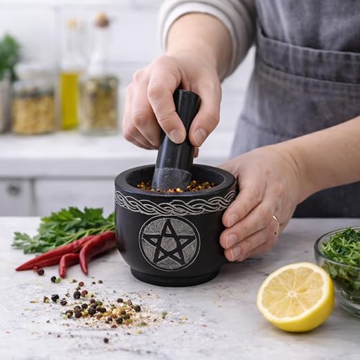 Mortar and Pestle Set, Black | Solid Stone Grinder, For Herbs Spice Guacamole, Garlic Ginger Root, Unique Design
