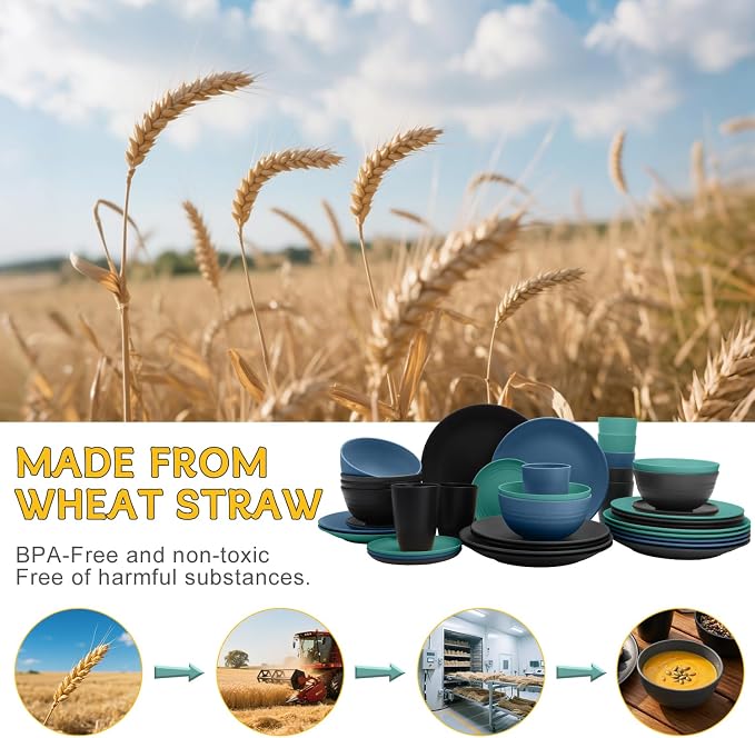 PYRMONT 40 Piece Unbreakable Plates and Bowls Sets for 8 Wheat Straw Dinnerware Set Lightweight Dishes Set Microwave & Dishwasher Safe,Apartment Essentials,New House,Family Gathering-Nightscape
