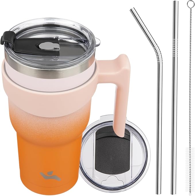 Konokyo 30 oz Tumbler with Handle and Straw, Insulated Travel Mug | Coral; BPA-free, leak-proof tumbler with 2 lids, 2 straws, cup holder fit for coffee, office, travel & daily use