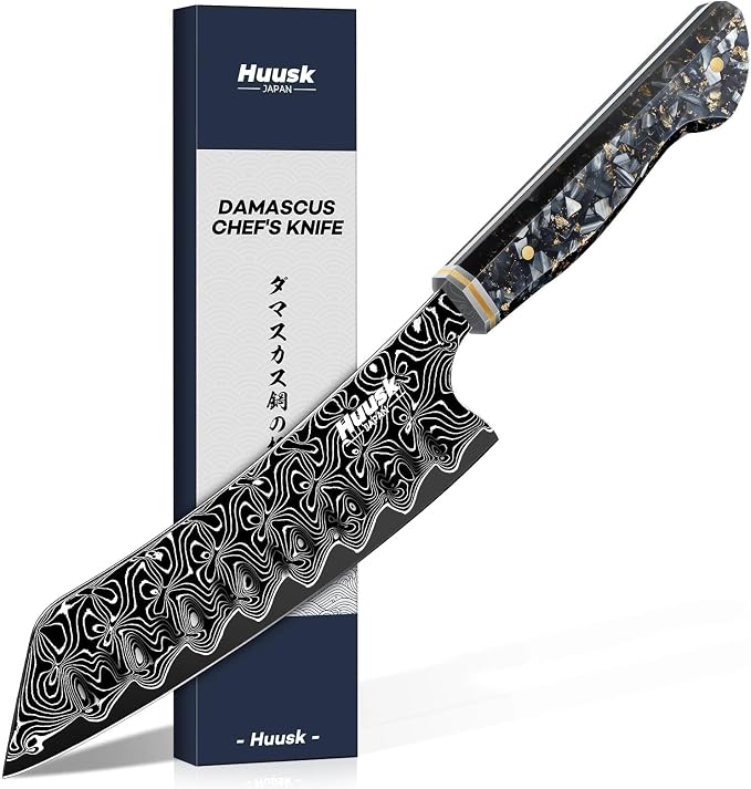 Huusk Damascus Chef Knife 7", Ultra Sharp Santoku Knives | Japanese Kitchen Knife with Ergonomic Resin Handle, Ideal Birthday Dad Mom Gift