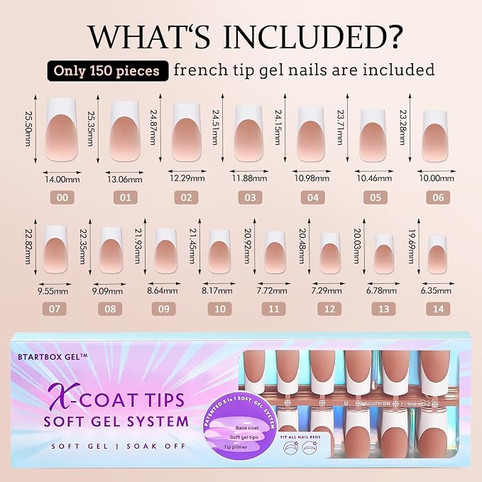 BTArtboxnails XCOATTIPS White French Tip Press On Nails, Long Square, Brown | Lamp-Curable 4-Week Wear, Salon Quality Value at Home, Natural Nail Look, Easy-to-Apply for Beginners, 150ct Nail Tips Only
