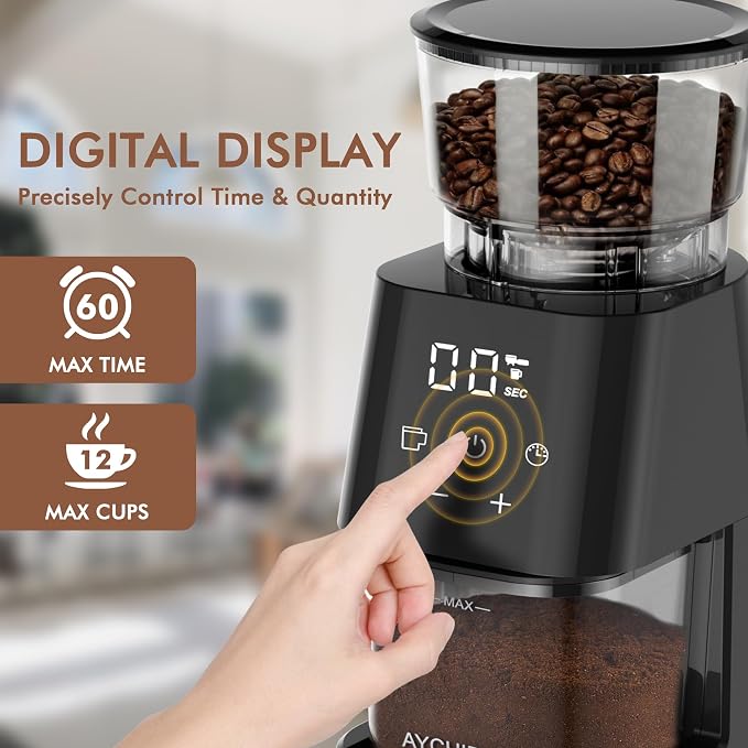 AYCHIRO Electric Burr Coffee Grinder, Conical Burr Grinder with Touch Screen, Coffee Grinder with 30 Grind Settings for Espresso, Drip Coffee & French Press, 2-12 Cups, Black