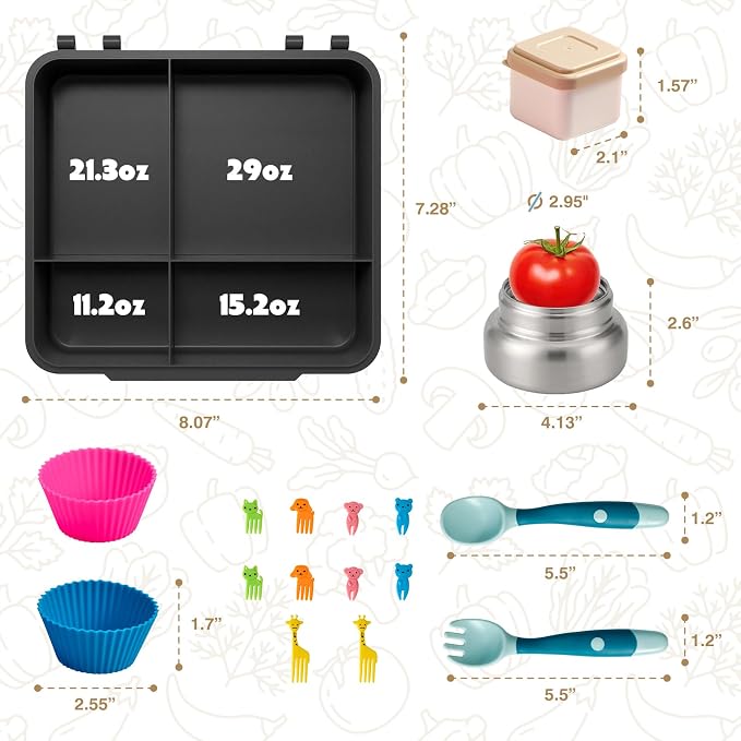 JSLOVE Bento Lunch Box with Leak Proof Thermos Food Jar for Kids, Food Lunch Containers for Boys with 4 Compartments, BPA-Free with Utensils, Food Picks, Sauce Jar & Silicone Lunch Box Dividers