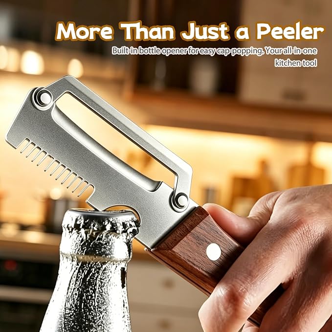 2PCS Premium Vegetable Peeler with Wooden Handle, Multifunctional Vegetable Peeler for Kitchen, New Peeler with Thicken Wooden Handle And Bottle Opener, for Fruit Potato Pumkin Papaya Zucchini