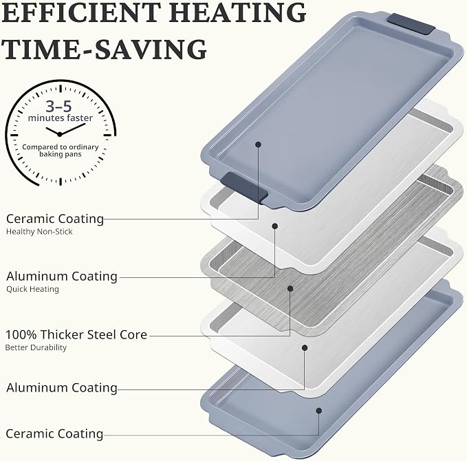 BRONYPRO Non Stick Ceramic Baking Sheet Pan Set of 3, Non Toxic Cookie Sheets (PFOA/PTFE Free), Aluminized Steel Oven Trays with Silicone Handles, Rust-Resistant, Warp-Resistant to 500°F, Blue Gray