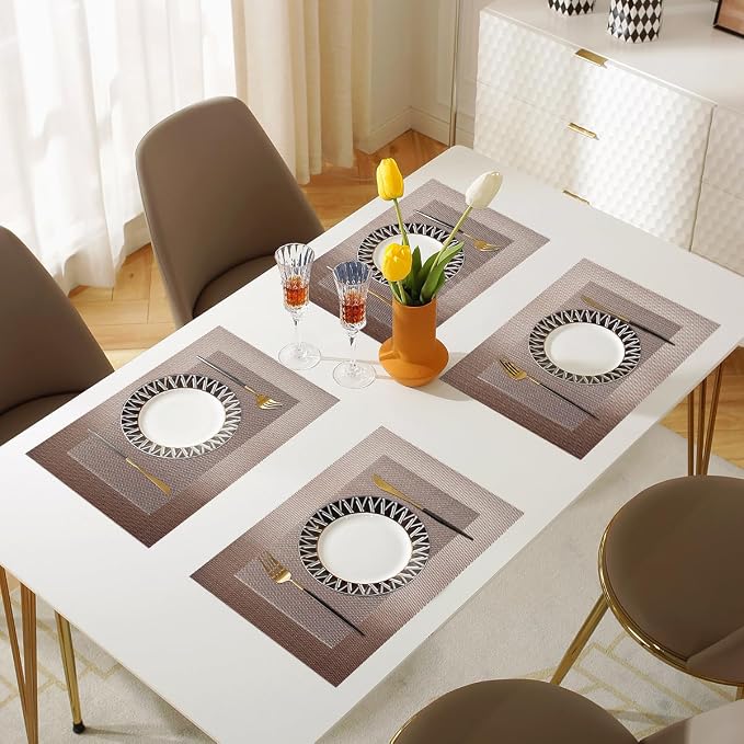 Vinyl Placemats Heat-Resistant Table Mats Washable Easy Clean Plastic Placemat for Kitchen Dining Table Set of 8 Indoor Outdoor (Champagne)