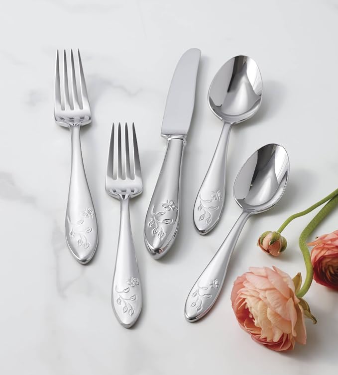 Lenox Butterfly Meadow 65-Piece 18/10 Silverware Set for 12, Flatware | silver, dishwasher safe | includes serving spoons and utensil set | heavy duty, cutlery set for kitchen and dining