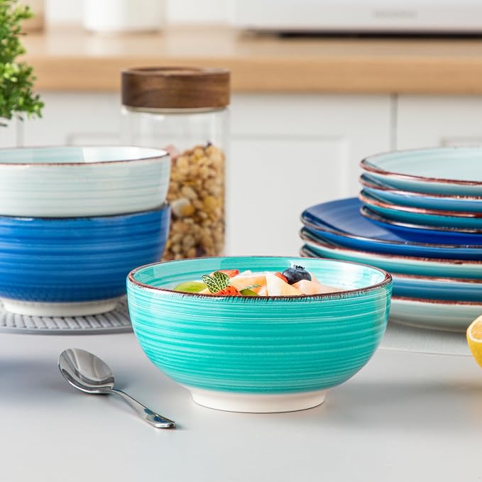 vancasso Bonita Dinnerware Sets 12 Pieces for 4, Ceramic Dishes Set Blue | Hand-Painted Spiral Plates and Bowls Set, Modern Kitchen Plate Set-Microwave and Dishwasher Safe (Blue,12 Pcs)