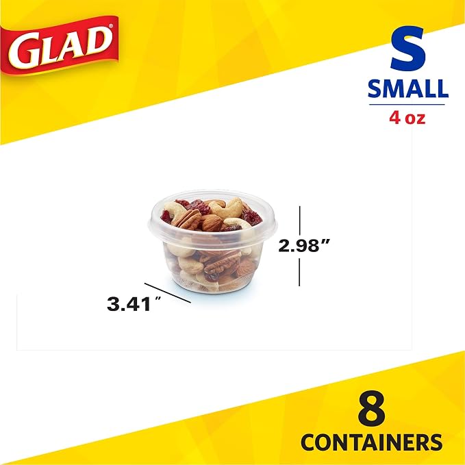 Glad GladWare Mini Round Food Storage Containers, 4 Oz, 8 Count, 12-Pack | BPA-free, lock-tight seal for snacks, portion control, and on-the-go; reusable and stackable