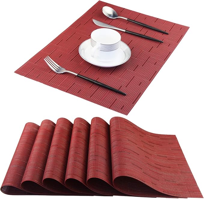 PIGCHCY Placemats,Washable Durable Woven Vinyl Placemats for Dining Table,Heat Resistant Plastic Placemats Set of 6 (18 x 12 inches,Burgundy Red)