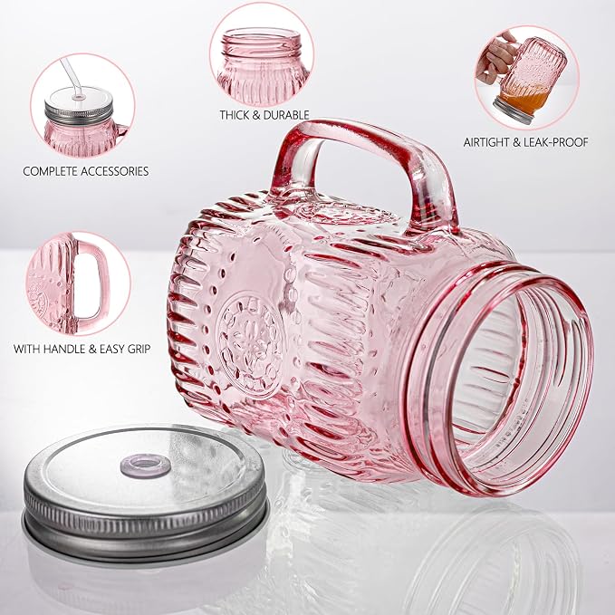 DaYammi 16 oz Mason Jars with Lids and Straws, 6 Pack Pink Vintage Drinking Glasses, Leak Proof Iced Coffee Cups for Daily Use & Party