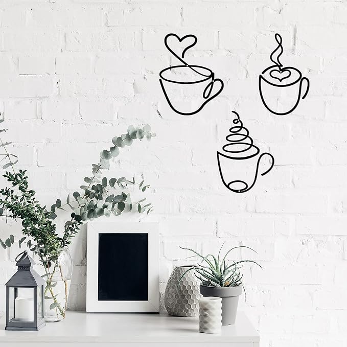 Ferraycle 3 Pieces Coffee Cup Metal Wall Art Wire Coffee Bar Hanging Decor Cafe Themed Vintage Rustic Metal Sign for Kitchen Restaurant Shop Home Office Accessories | Hanging Wall Decor, Rustic Wire Sculpture,Cafe Home Restaurant Kitchen Accent, Easy W...