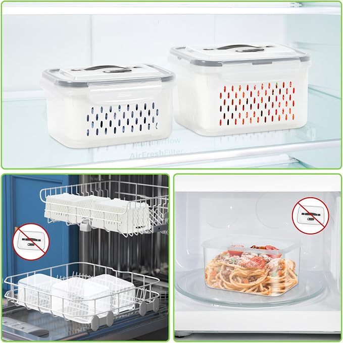5 Pack Fridge Fruit Storage Containers with Colander, Vent and Handle | BPA Free Plastic, Airtight Stackable Refrigerator Organizer Bins for Berry, Meat, Vegetable