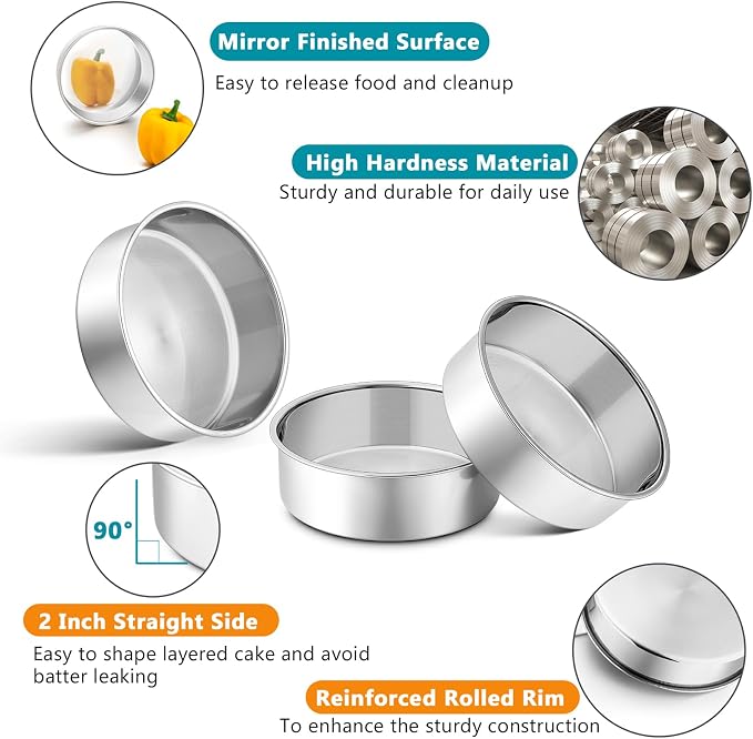 P&P CHEF 5 Inch Round Cake Pan Set of 3, Stainless Steel Baking Cake Pans | Round Baking Cake Pan Bakeware for Layer Birthday Cake, Fit Oven/Pots/Pressure Cooker, Leakproof & Dishwasher Safe, Silver