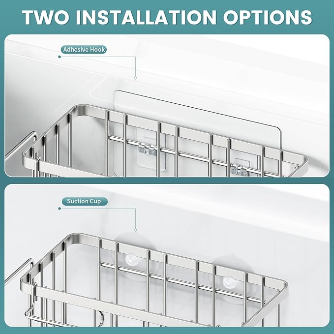 4-in-1 Sponge Holder for Kitchen Sink, Sink Caddy Organizers, Silver | Rustproof, Adhesive hook, Suction cups, Kithen Countertop Organizers and Storage