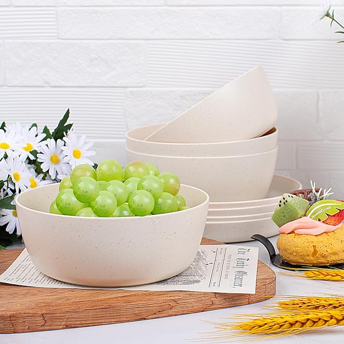 EjonirInjonir 12pcs Unbreakable Beige Wheat Straw Dinnerware Sets RV Dining | Includes Deep Reusable Plastic Plates Bowls Set,Premium Lightweight Dish Set Perfect for Camping Outdoor Parties Kids Home