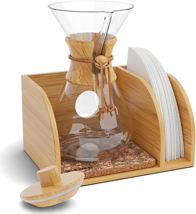 Pour Over Caddy with Lid for Chemex Bodum Cosori Coffee Makers Cork | Handmade Bamboo Stand, Lid, Filter Holder, Heatproof Mat for a Cleaner Coffee Station