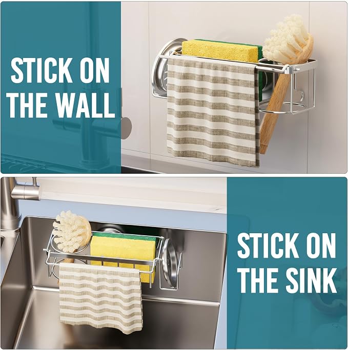 TAILI 4-in-1 Sink Sponge Holder for Kitchen with Strong Suction Cup-Silver | Removable Sink Caddy with Suction Cup, Rustproof 304 Stainless Steel Multi-compartment Sink Organizer for Sponge, Brushes