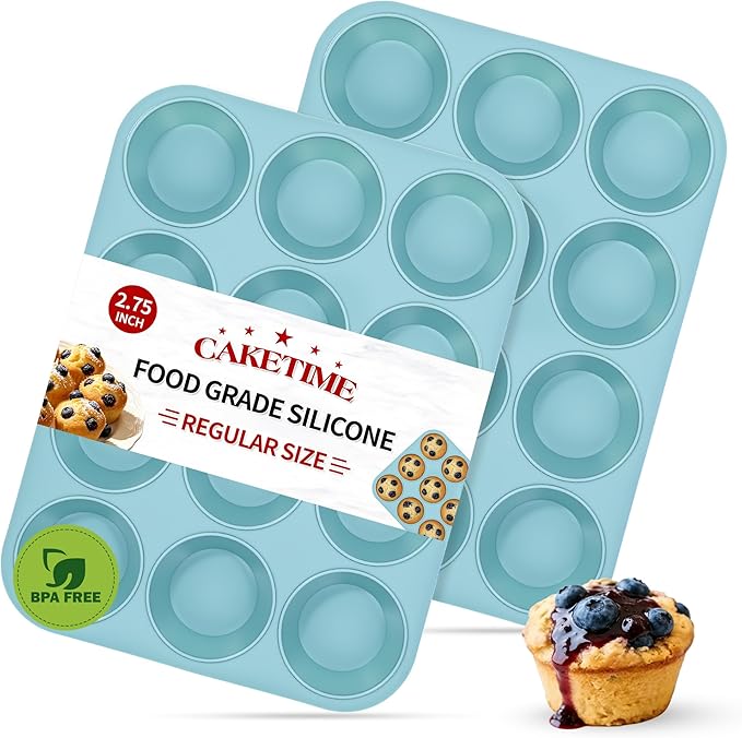 CAKETIME Silicone Muffin Pans for Baking, 2 Pack Regular Size Muffin Pan 12 Cups Non Stick Silicone Molds for Baking Muffin, Egg Bites, Cupcake BPA Free