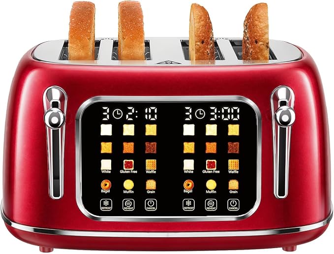 Mecity Toaster 4 Slice, Touch Screen Wide Slot Retro Toaster For Breads Bagel Muffin Waffle, House Warming Gift New Home, 120V 1650W, Red Pearl