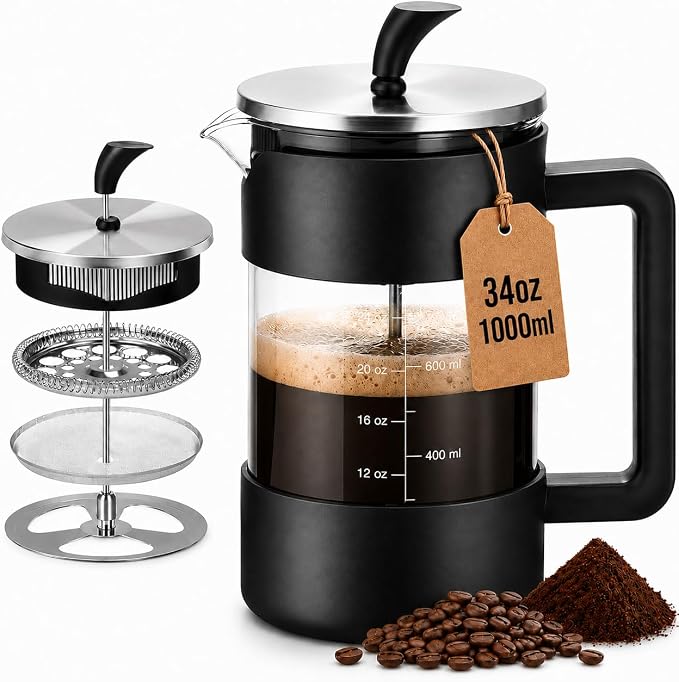 French Press Coffee Maker, 34 oz / 1000 ml Glass Coffee Press with 3-Level Stainless Steel Filter, Easy-Read Measurements, Protective Outer Shell and Ergonomic Handle, Black