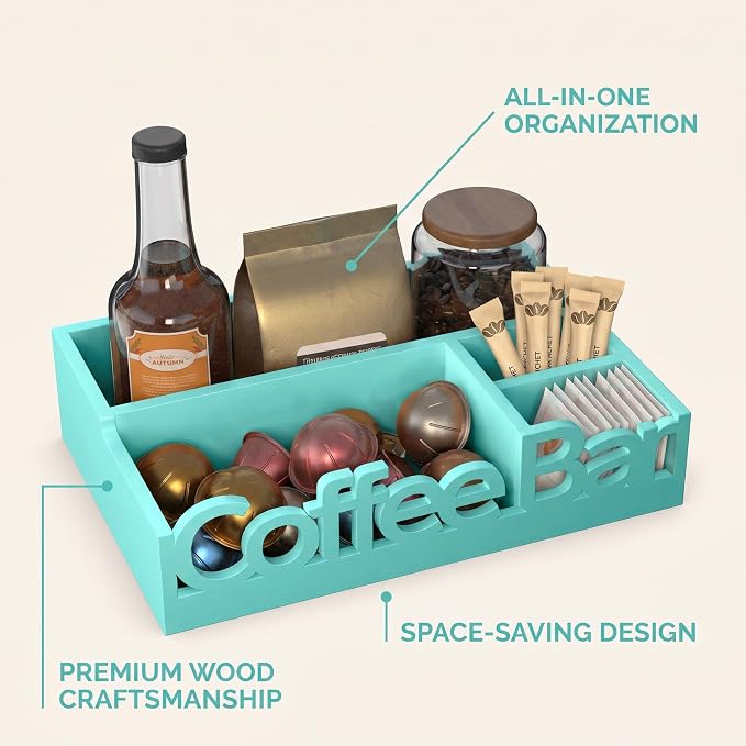 Coffee Bar Organizer Countertop, Wood Coffee Pod Holder & Condiment Caddy | Coffee Pods, Sugar Packets, Stir Sticks & Cups