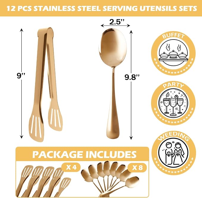 12PCS Gold Serving Utensils Set,Includes 8 large serving spoons,4 serving tongs