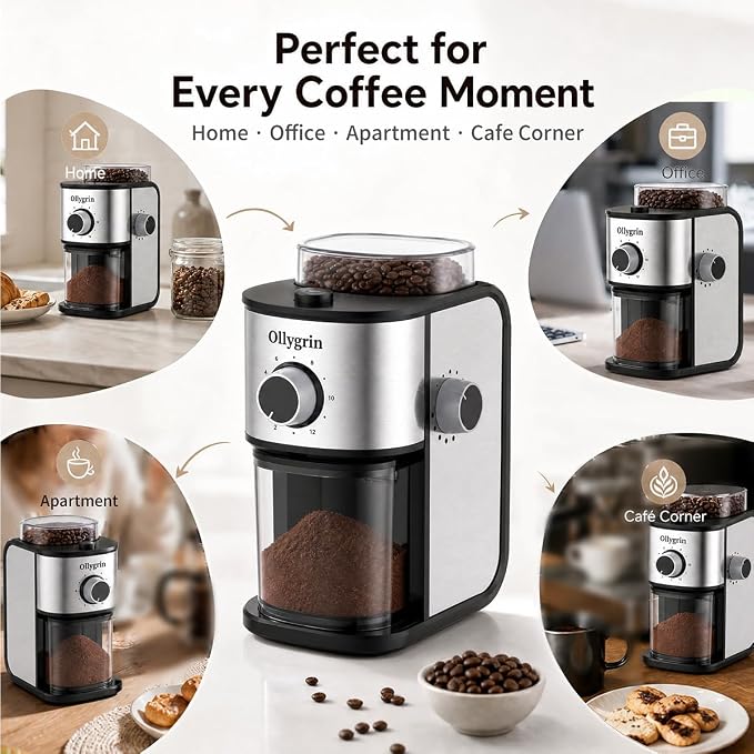 Flat Burr Coffee Grinder Electric, Coffee Grinder with 14 Grinding Levels, Burr Mill Grinder with Large Bean Hopper, Compact Design for Home&Office, Brushed Silver