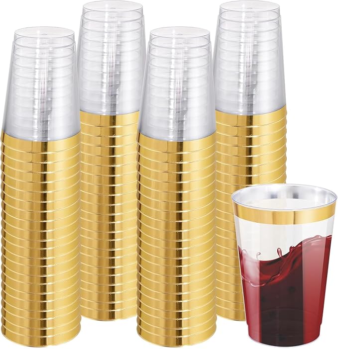 IOOOOO 100 Pack 12 oz Gold Plastic Cups, Gold Rimmed Disposable Cups, Disposable Wine Glasses Cocktail Glasses Premium Cup with Golden Rim, 12 Ounce Plastic Tumblers for Party & Wedding