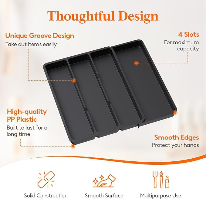 Lifewit Utensil Organizer for Kitchen Drawer, Expandable Cooking Tray | Adjustable Cutlery Flatware Holder, Plastic Silverware Spatula Tools Storage Divider, 11.9-17.3 x 15.8", Black