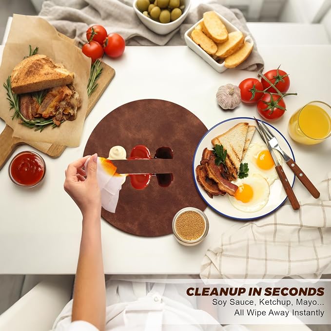 UnivoColors Placemats Round Faux Leather Placemats Set of 4-Waterproof-Wipe Clean-Heat Resistant-Anti Slip Dining Table Place Mats,Suitable for Indoor & Outdoor Use,15".Retro Coffee Brown