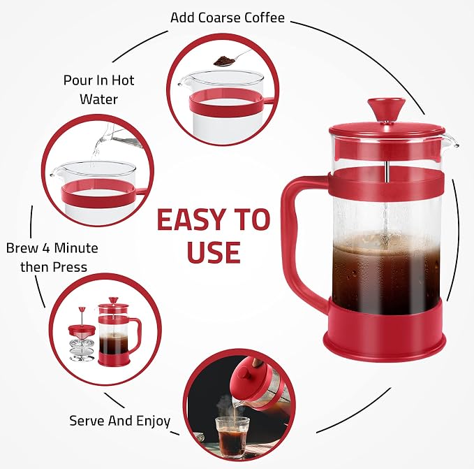 Utopia Kitchen Borosilicate Glass French Press Coffee Maker 12 Oz, Red | Heat-Resistant Cafetiere & Tea Maker, Thickened Glass Coffee Press for Travel and Camping