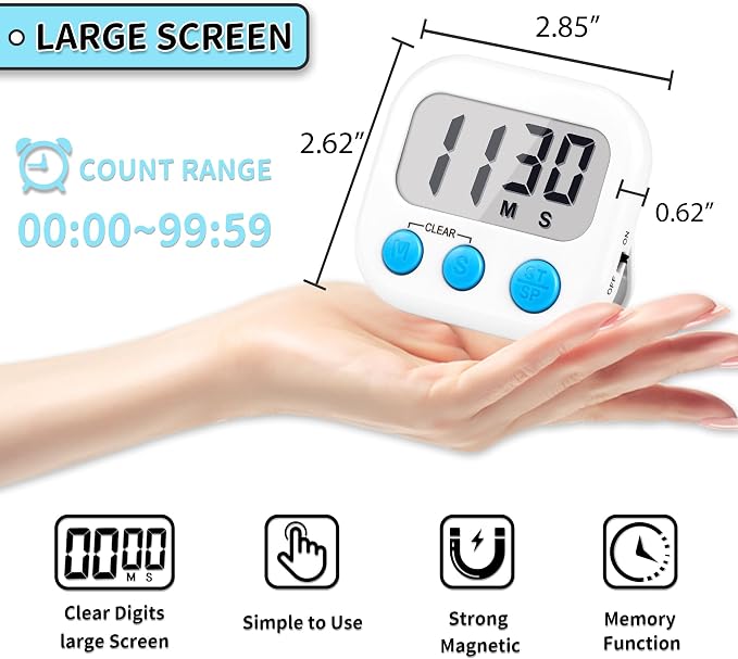 Timer for Kids Digital Kitchen Timers for Cooking- 12 Pack White Pink | Countdown Timer for Classroom Study Exercise Teacher Supplies, Strong Magnetic, Loud Alarm, Large Screen, Fast Reset, Memory