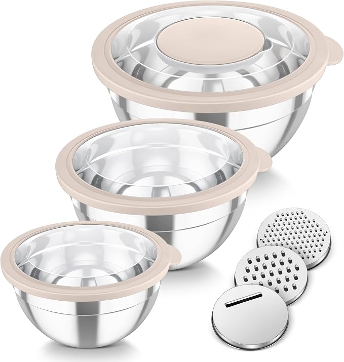 TeamFar Mixing Bowls, 3PCS Stainless Steel Serving Salad Bowls | with Lids & 3 Graters for Kitchen Mixing/Baking/Storing/Prepping, Visible & Airtight, Easy Clean - 4.5/3/1.5 QT, Khaki