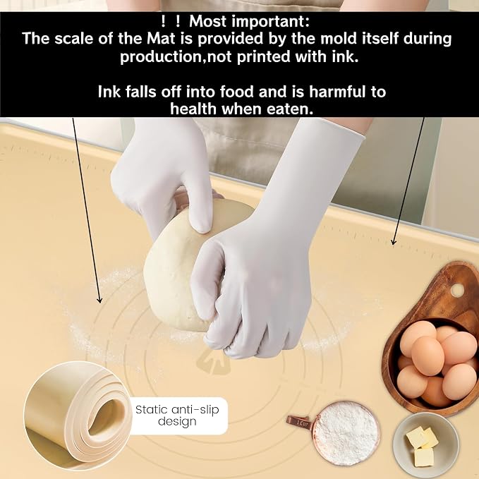 Ink-free Extra Large Silicone Pastry Mat for Healthy Baking 32 * 24Inch Large, Thickness 0.08Inch Heavy Duty Non-Slip Dough Rolling Mat, Non-Stick, Non-Slip and BPA Free Baking Mat.(Beige)
